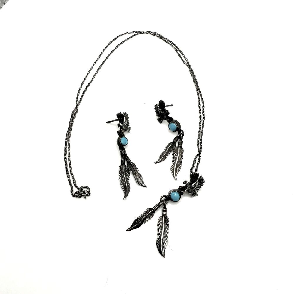 Native American earrings necklace eagle feather turquoise gems vintage jewelry - Picture 3 of 11